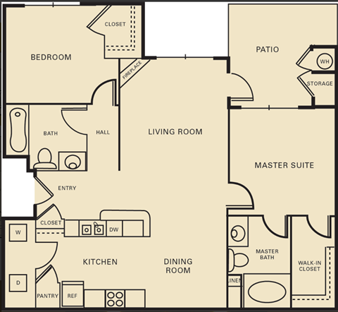 Floor plan for 2 beds, 2 baths, 1121 sqft